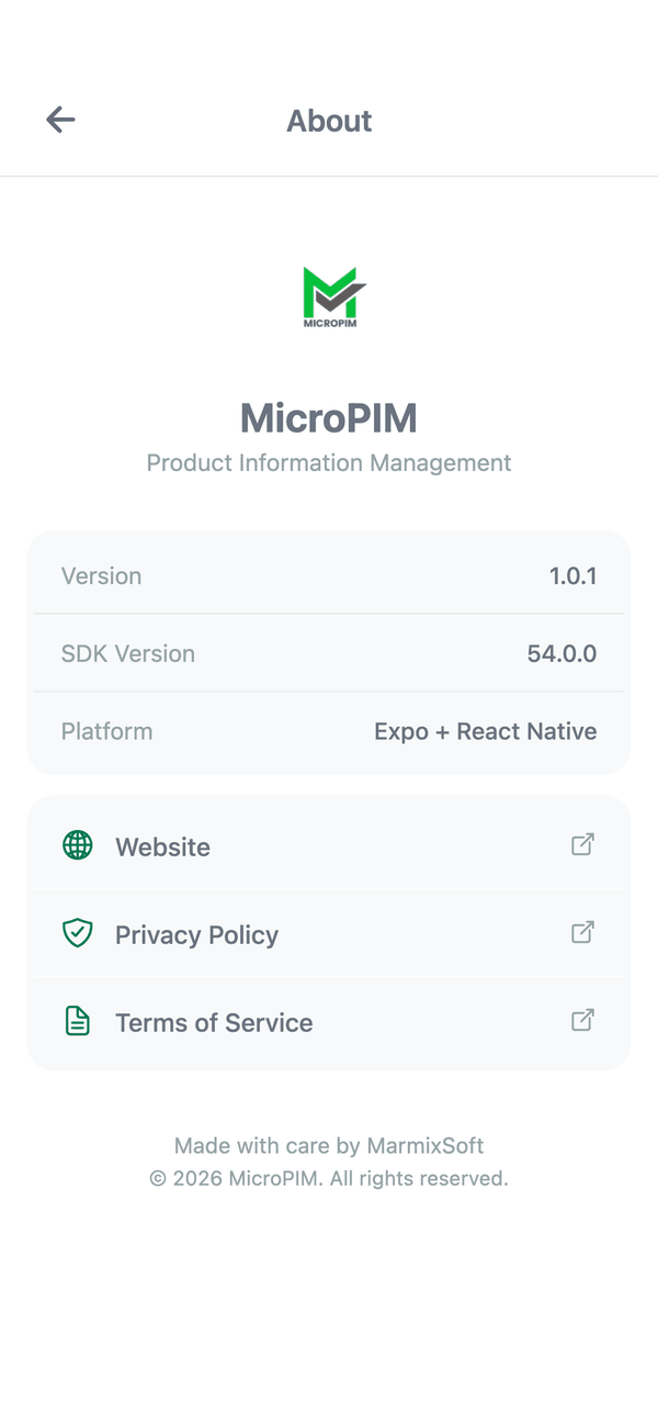 Schermata informazioni dell'app mobile MicroPIM