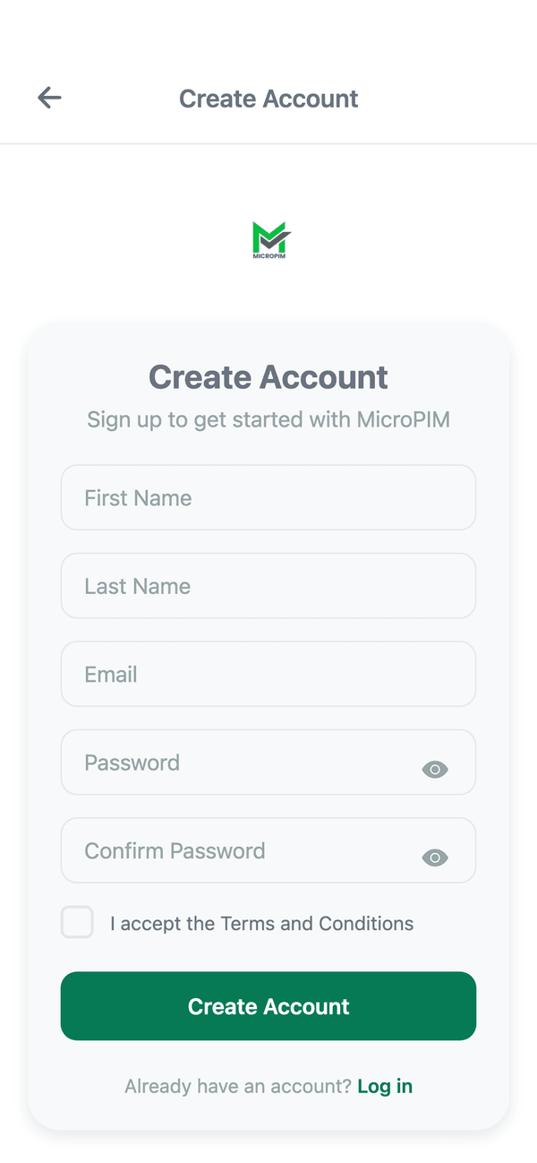 Schermata di creazione account dell'app mobile MicroPIM